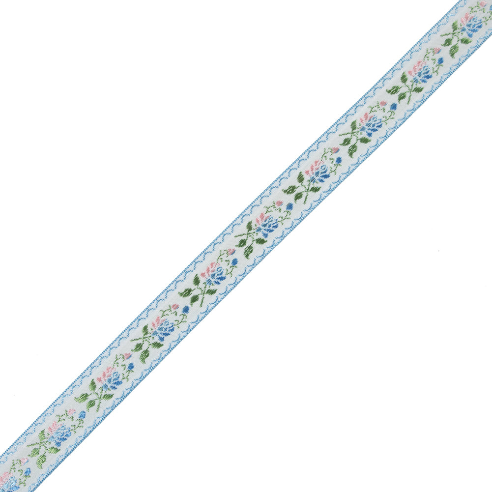Blue, Green and Pink Floral German Jacquard Ribbon - 0.875" Blue, Green and Pink Floral German Jacquard Ribbon - 0.875"