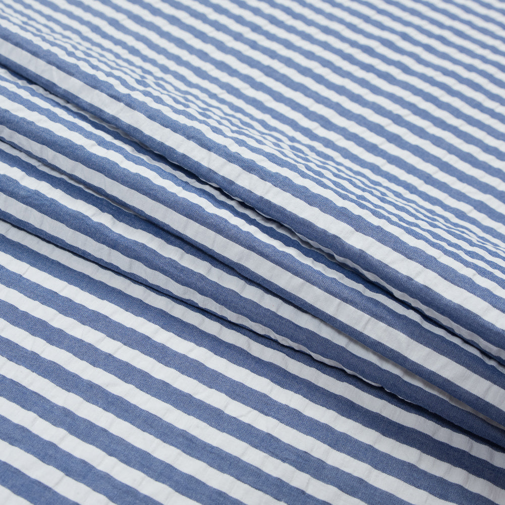 Blue and White Bengal Striped Cotton Seersucker Folded Blue and White Bengal Striped Cotton Seersucker Folded