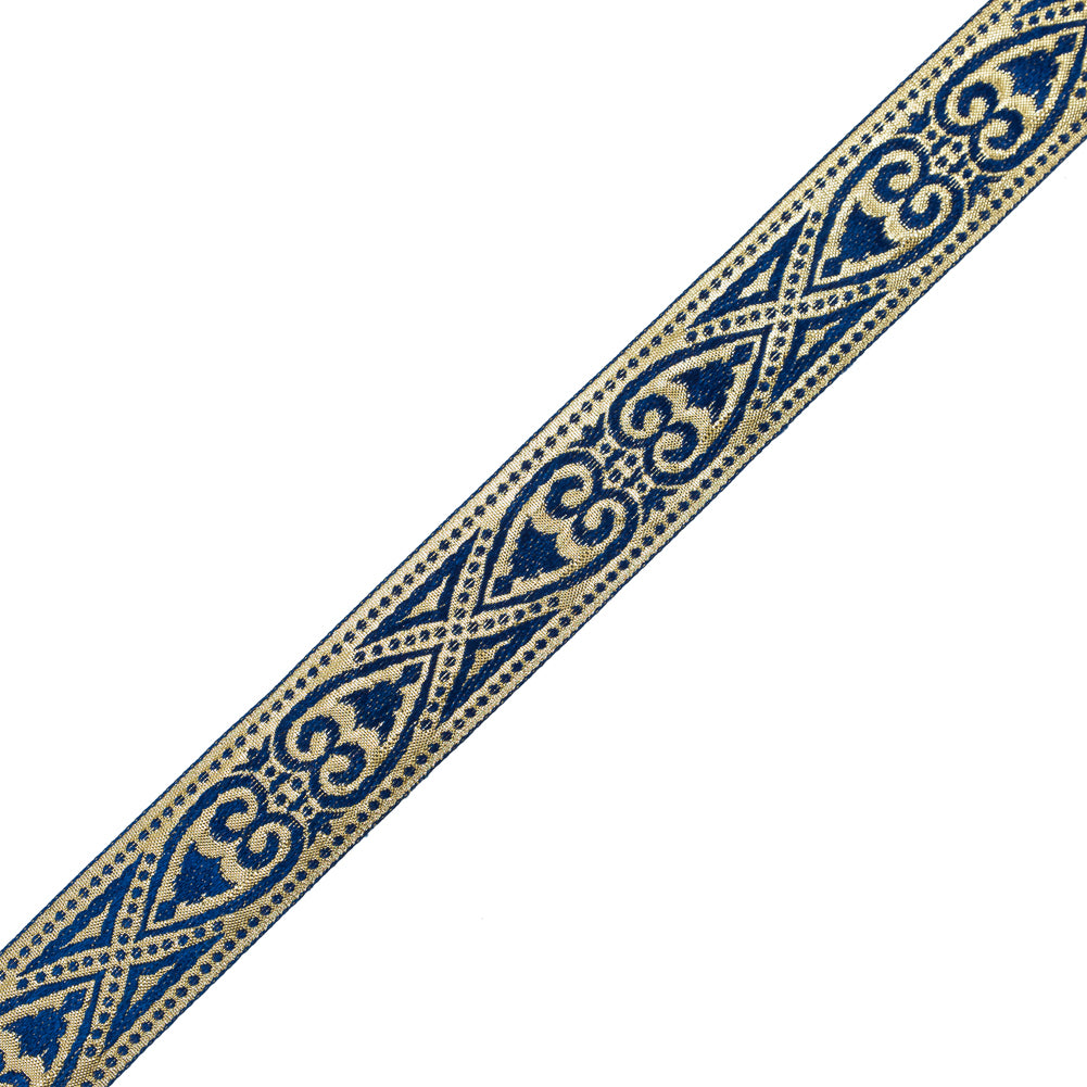 Blue and Metallic Gold Heart Jacquard Ribbon - 1.5 Blue and Metallic Gold Heart Jacquard Ribbon - 1.5