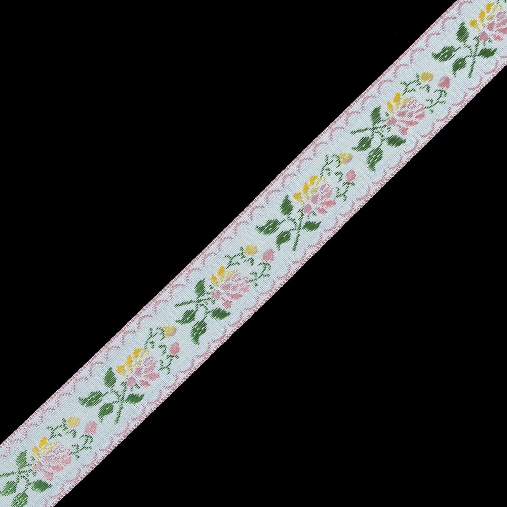German Pink and Yellow Floral Jacquard Ribbon - 0.875 - Detail German Pink and Yellow Floral Jacquard Ribbon - 0.875 - Detail