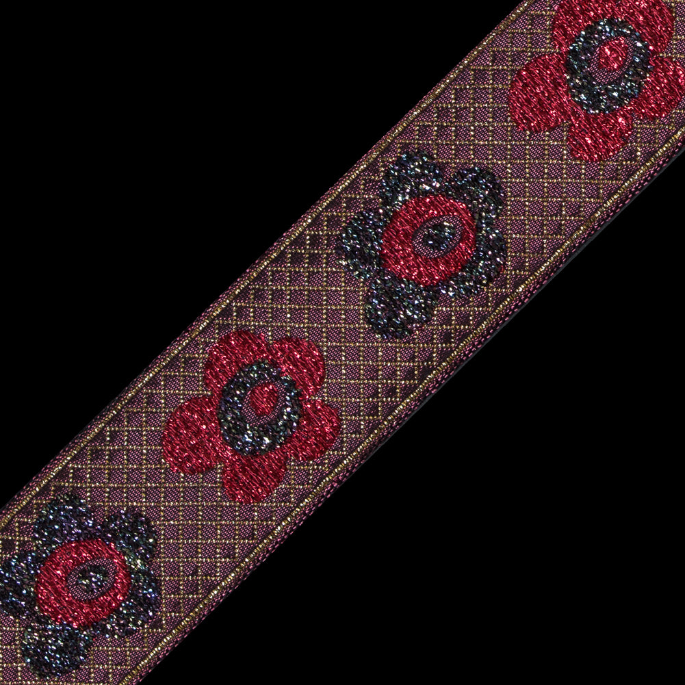 Red and Iridescent Metallic Floral Jacquard Ribbon - 1.25 - Detail Red and Iridescent Metallic Floral Jacquard Ribbon - 1.25 - Detail
