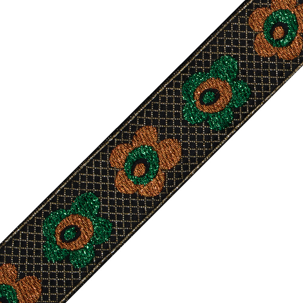 Green and Orange Metallic Floral Jacquard Ribbon - 1.25 - Detail Green and Orange Metallic Floral Jacquard Ribbon - 1.25 - Detail