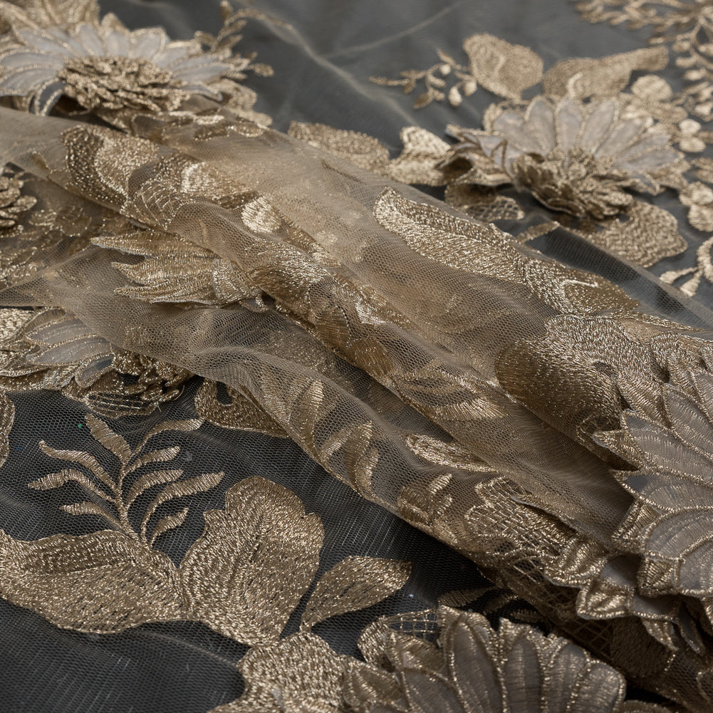 Metallic Gold 3D Floral Embroidered Mesh - Detail Metallic Gold 3D Floral Embroidered Mesh - Detail
