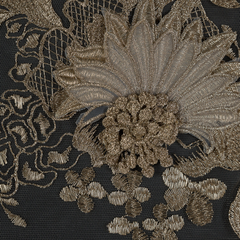 Metallic Gold 3D Floral Embroidered Mesh - Full Metallic Gold 3D Floral Embroidered Mesh - Full