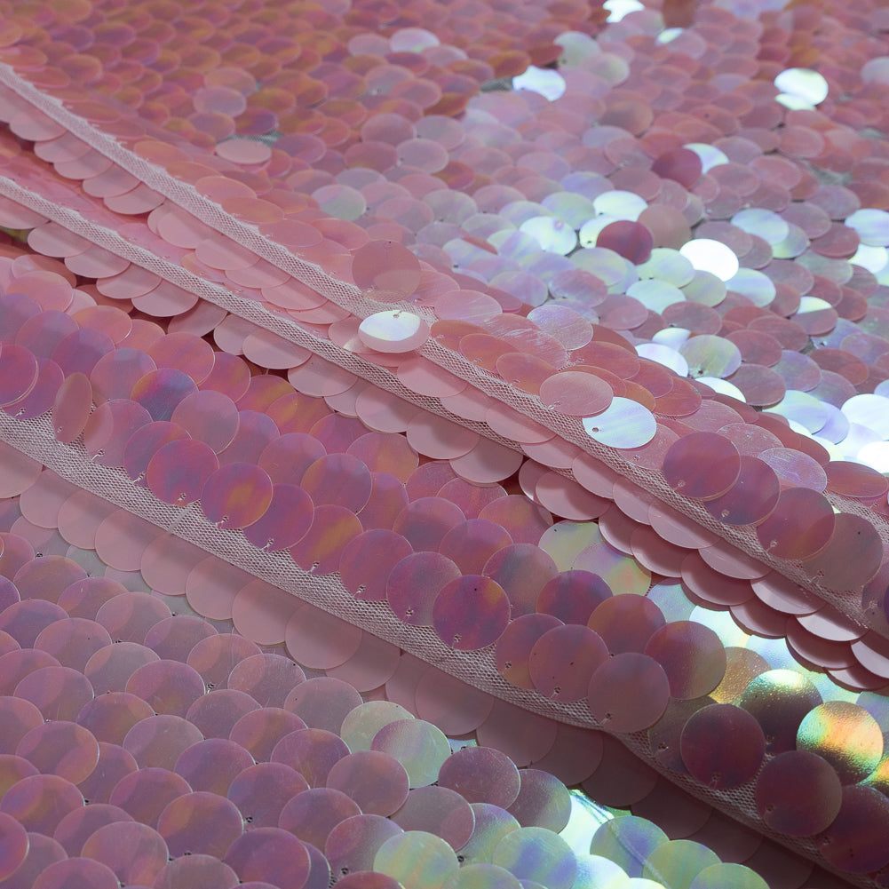 Mesh with Circle Paillette Sequins - Pink on White Folded Mesh with Circle Paillette Sequins - Pink on White Folded