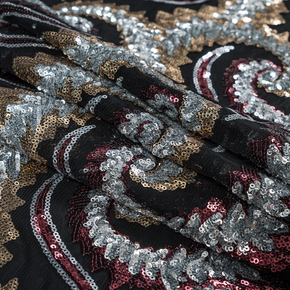 Netting with Sequins - Red, Silver and Gold Paisleys on Black Detail Netting with Sequins - Red, Silver and Gold Paisleys on Black Detail