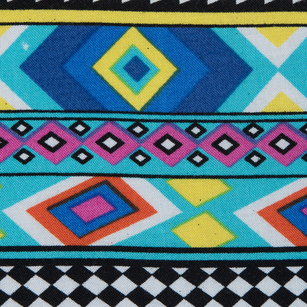 Deep Ultramarine and Yellow Geometric Stripes Printed Rayon Challis Detail Deep Ultramarine and Yellow Geometric Stripes Printed Rayon Challis Detail