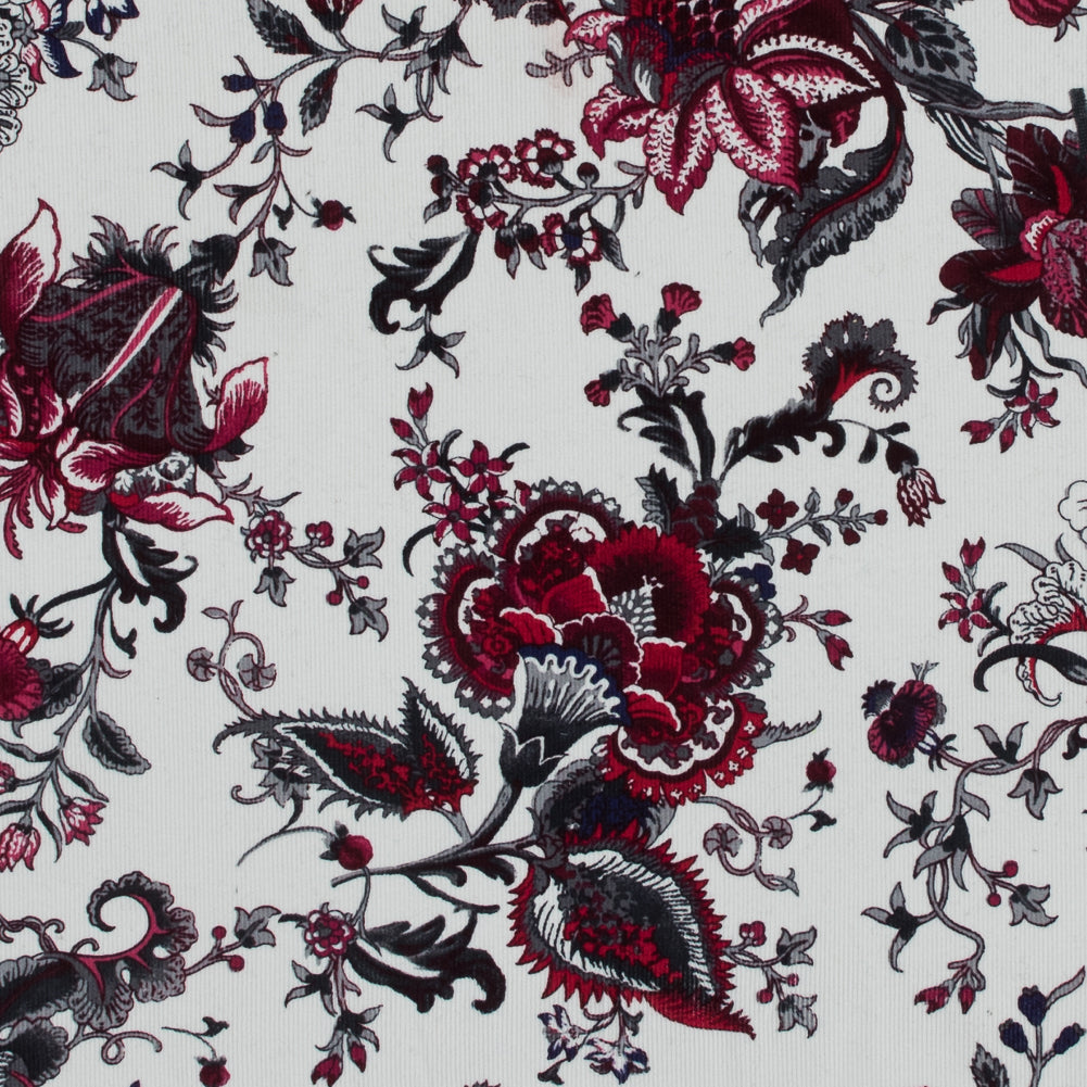 Eggnog, Cranberry and Gray Floral Stretch Cotton Corduroy Eggnog, Cranberry and Gray Floral Stretch Cotton Corduroy