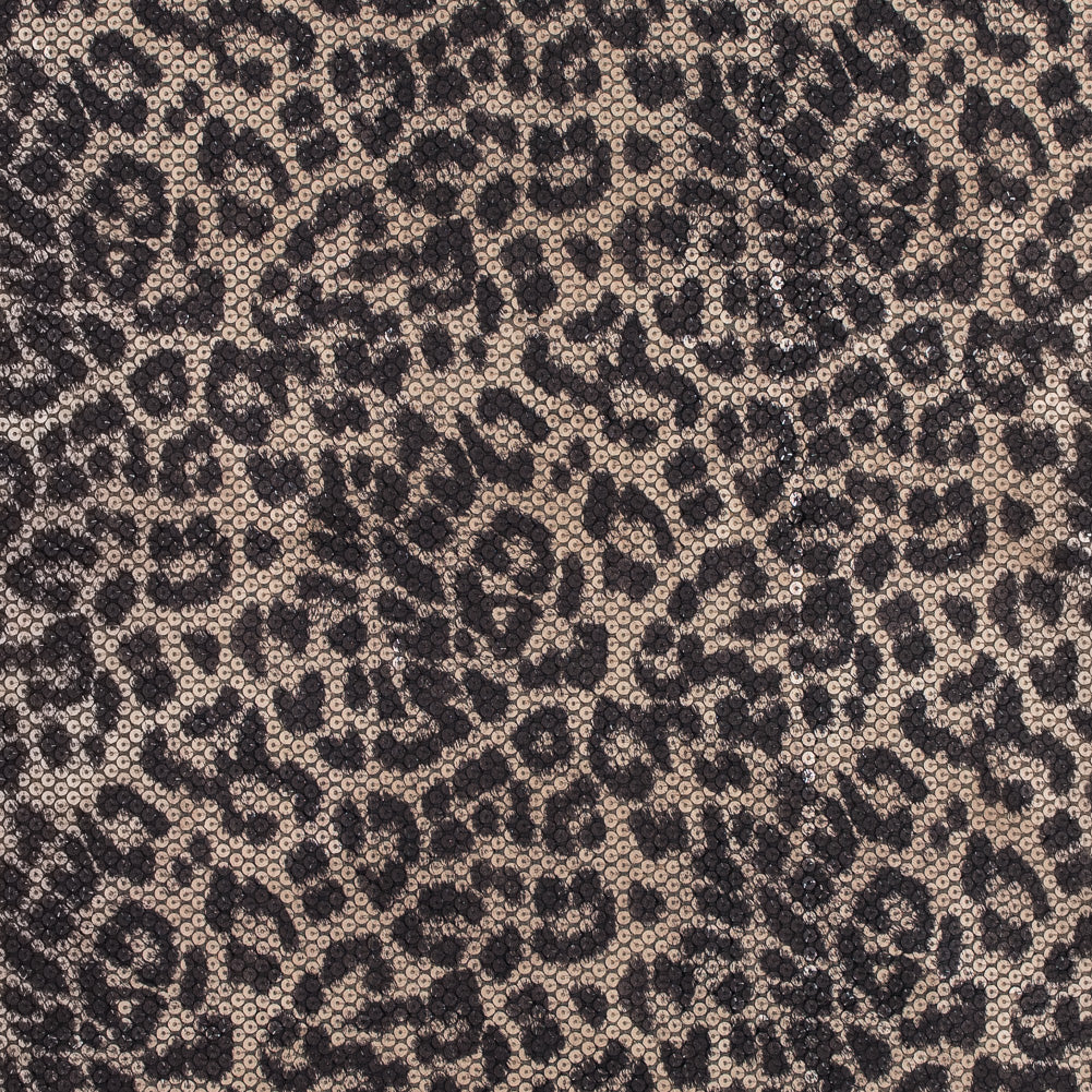 Knit Fabric with Snow Leopard Foil and Circle Sequins - Beige and Black on Black Knit Fabric with Snow Leopard Foil and Circle Sequins - Beige and Black on Black