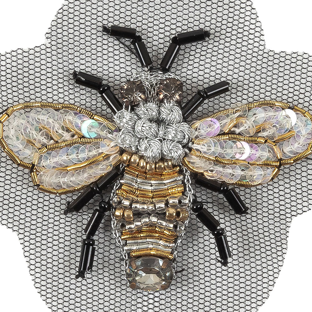 Small Black and Gold Beaded and Sequined Bee Applique - 2" x 2.25" Detail Small Black and Gold Beaded and Sequined Bee Applique - 2" x 2.25" Detail