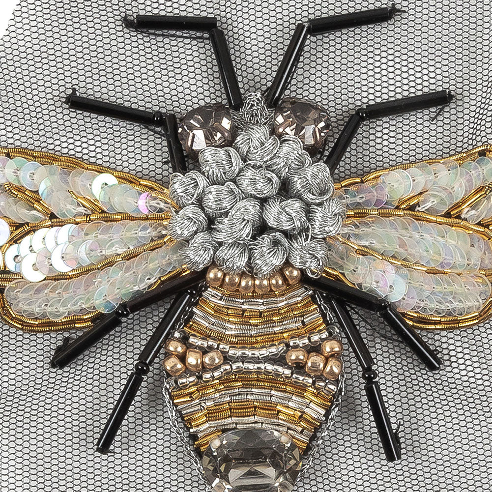 Large Black and Gold Beaded and Sequined Bee Applique - 3.25" x 4" Detail Large Black and Gold Beaded and Sequined Bee Applique - 3.25" x 4" Detail