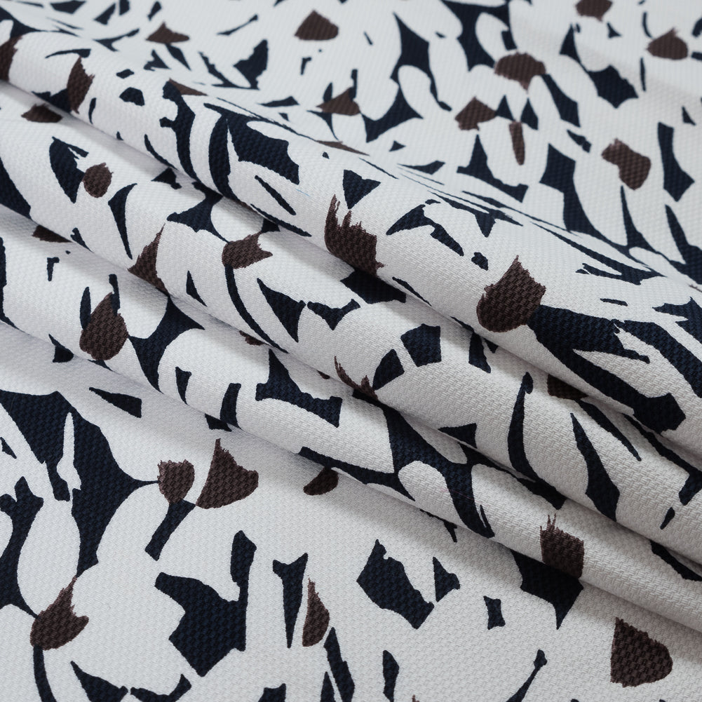 White, Navy and Brown Floral Stretch Cotton Pique Folded White, Navy and Brown Floral Stretch Cotton Pique Folded