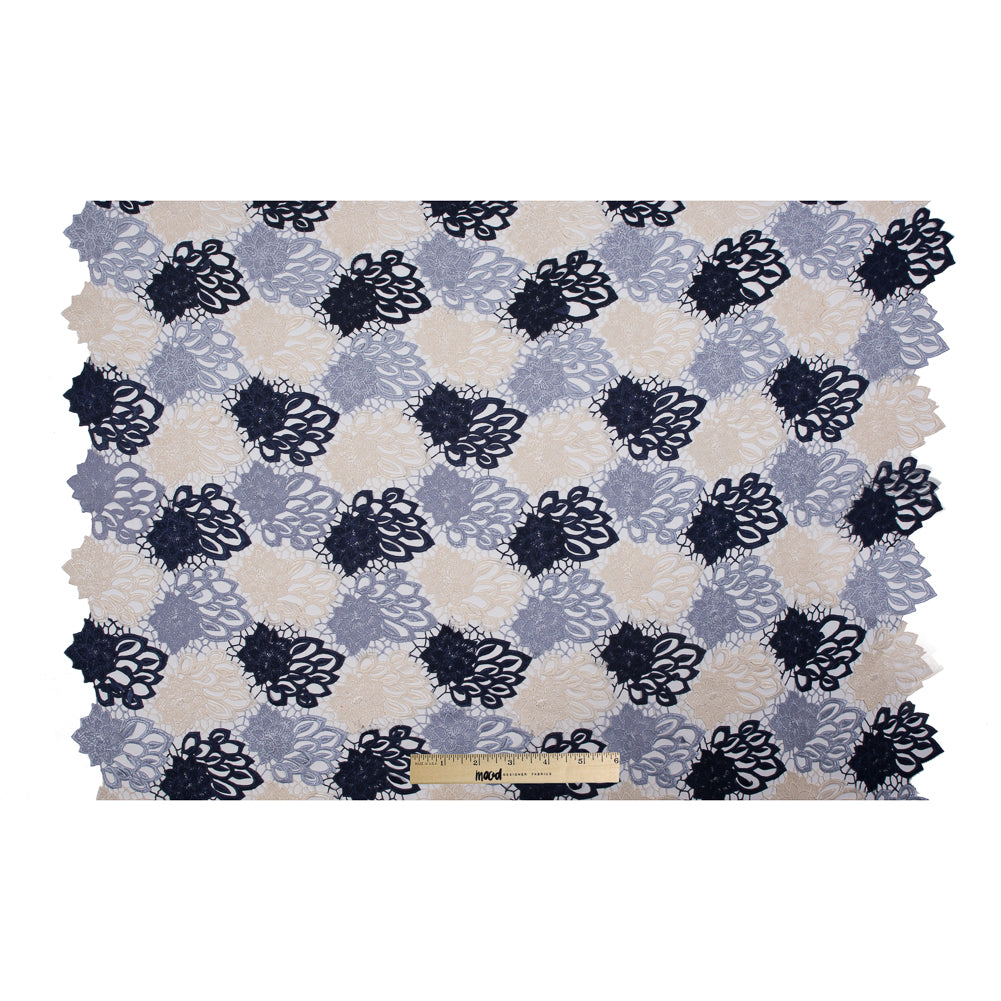 Guipure Lace - Navy, Gray and Ivory Tri-Color Floral Folded Guipure Lace - Navy, Gray and Ivory Tri-Color Floral Folded