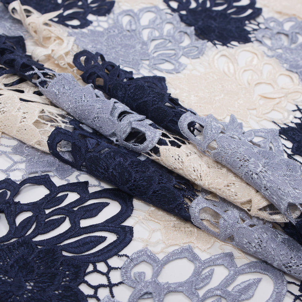 Guipure Lace - Navy, Gray and Ivory Tri-Color Floral Detail Guipure Lace - Navy, Gray and Ivory Tri-Color Floral Detail