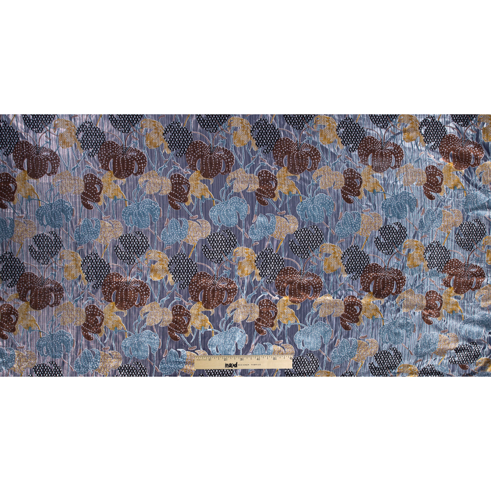 Floral Burnout Velvet with Metallic Silver Stripes - Blue, Yellow and Burgundy Folded Floral Burnout Velvet with Metallic Silver Stripes - Blue, Yellow and Burgundy Folded