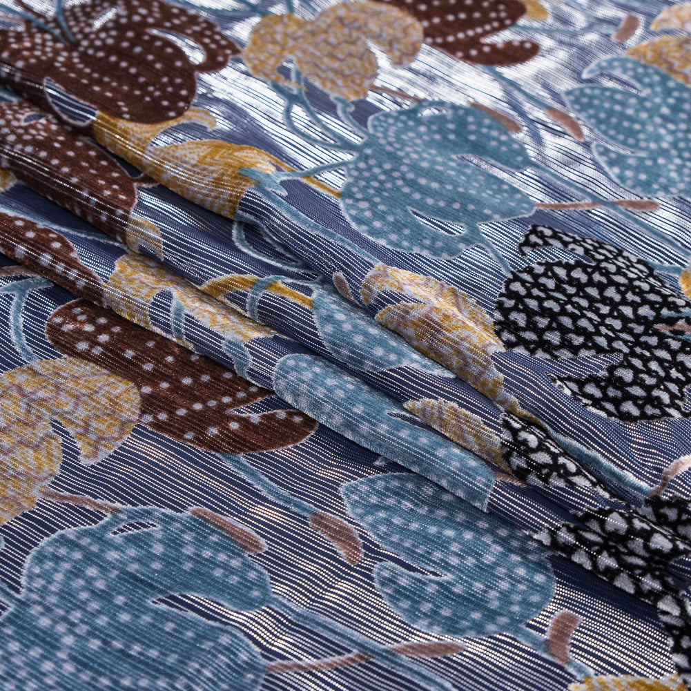 Floral Burnout Velvet with Metallic Silver Stripes - Blue, Yellow and Burgundy Detail Floral Burnout Velvet with Metallic Silver Stripes - Blue, Yellow and Burgundy Detail