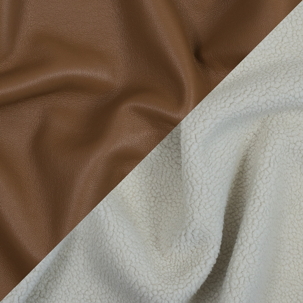 Warm Brown Faux Leather Bonded to a Cream Shearling Warm Brown Faux Leather Bonded to a Cream Shearling