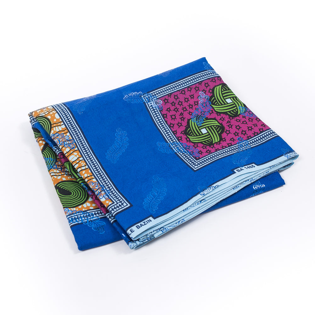 Bright Blue Waxed Cotton African Print with Inlaid Pattern and Metallic Blue Leafy Foil Bright Blue Waxed Cotton African Print with Inlaid Pattern and Metallic Blue Leafy Foil