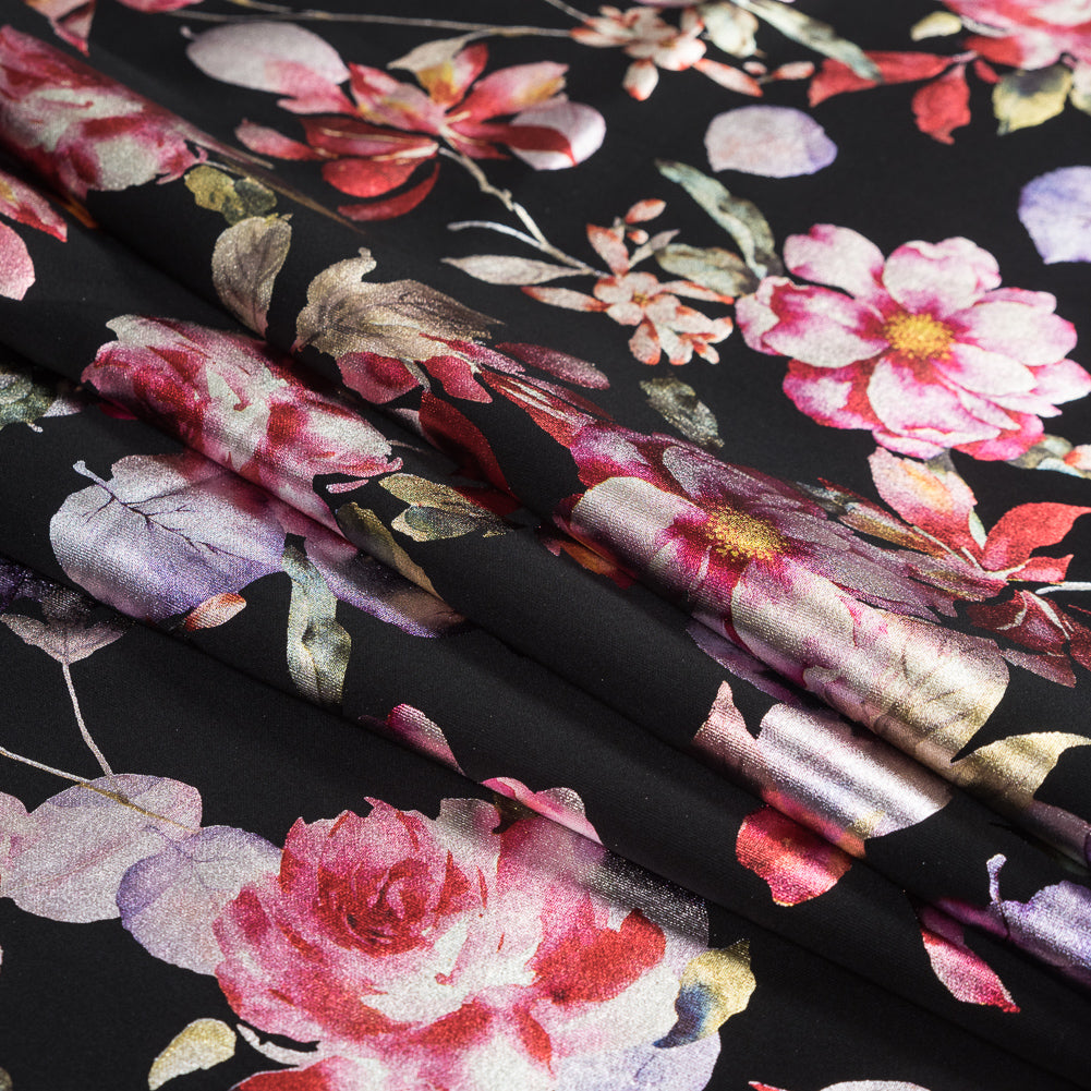 Black Ponte Knit with Multicolor Floral Foil Design Detail Black Ponte Knit with Multicolor Floral Foil Design Detail