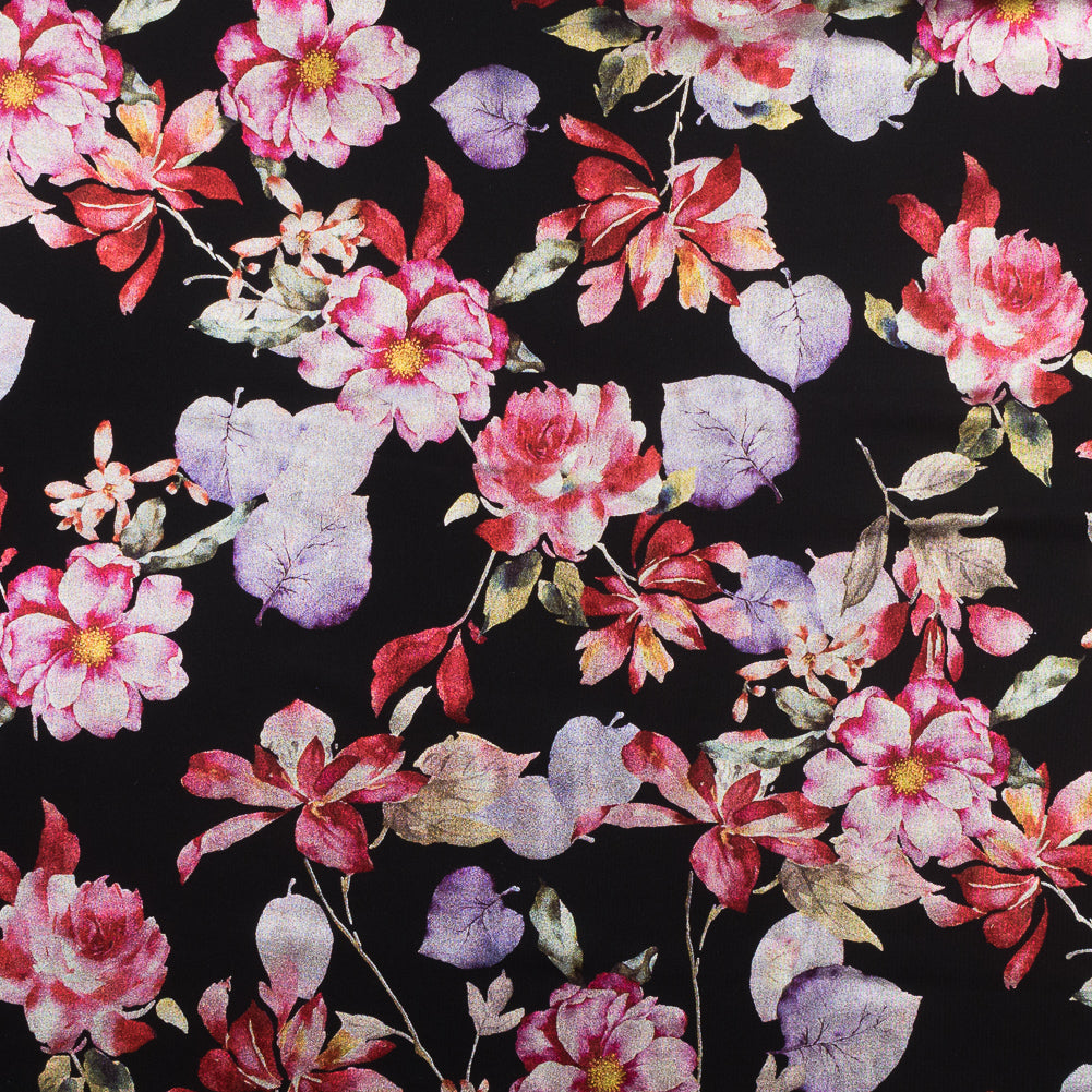 Black Ponte Knit with Multicolor Floral Foil Design Black Ponte Knit with Multicolor Floral Foil Design