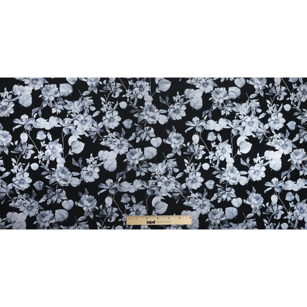 Black Ponte Knit with Blue Floral Foil Design Folded Black Ponte Knit with Blue Floral Foil Design Folded