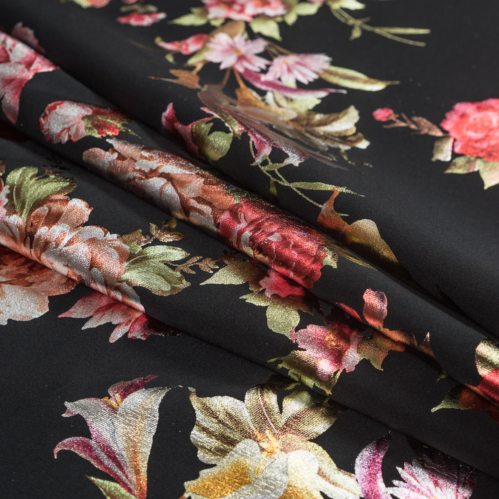 Black Ponte Knit with Multicolor Floral Foil Design Detail Black Ponte Knit with Multicolor Floral Foil Design Detail