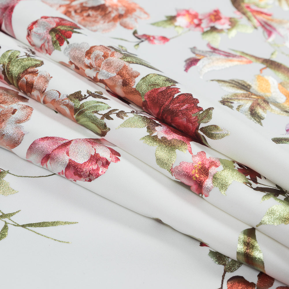 White Ponte Knit with Multicolor Floral Foil Design Detail White Ponte Knit with Multicolor Floral Foil Design Detail