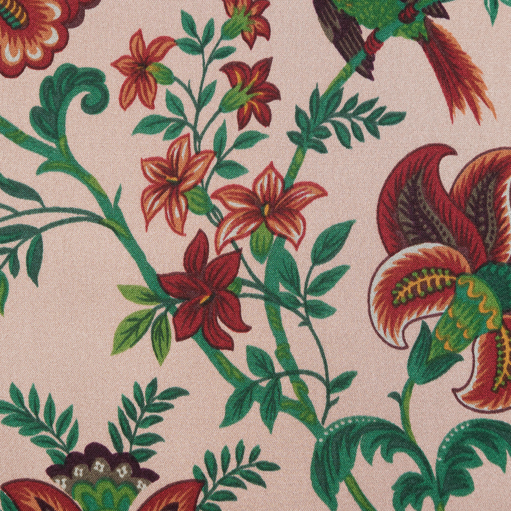 Salmon, Red and Green Floral Printed Silk Charmeuse Full Salmon, Red and Green Floral Printed Silk Charmeuse Full