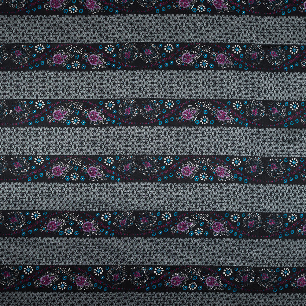 Gray and Purple Floral and Geometric Striped Silk Charmeuse Gray and Purple Floral and Geometric Striped Silk Charmeuse