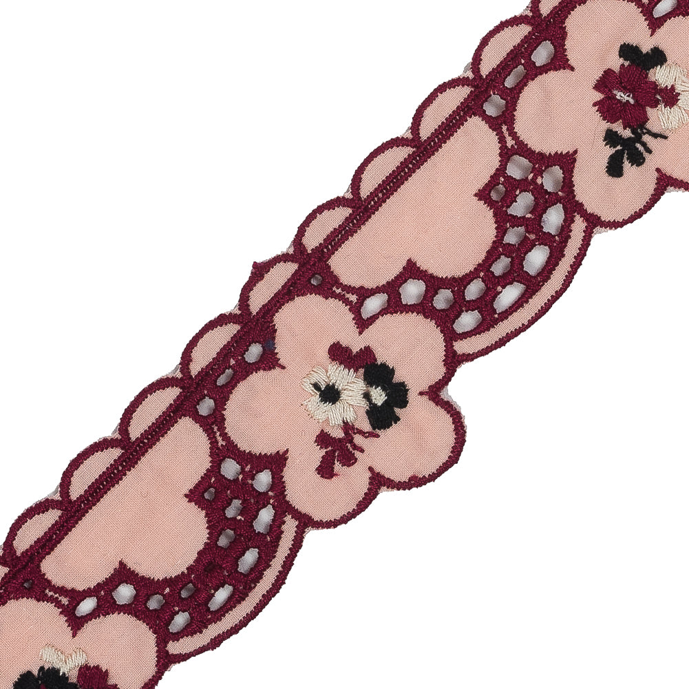 Pink Floral Embroidered Eyelet Trim - 2" Detail Pink Floral Embroidered Eyelet Trim - 2" Detail
