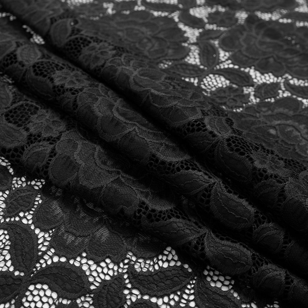 Re-Embroidered Stretch Crochet Lace - Black Roses Folded Re-Embroidered Stretch Crochet Lace - Black Roses Folded