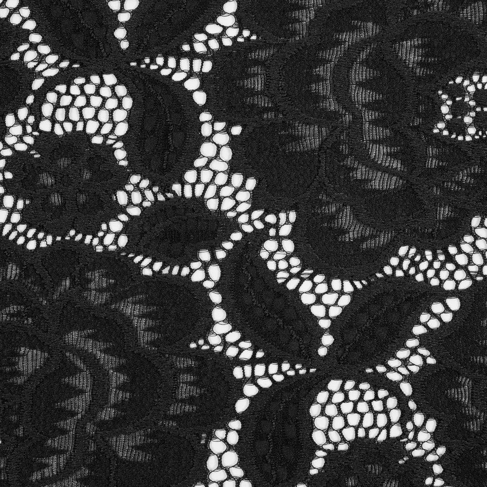 Re-Embroidered Stretch Crochet Lace - Black Roses Detail Re-Embroidered Stretch Crochet Lace - Black Roses Detail