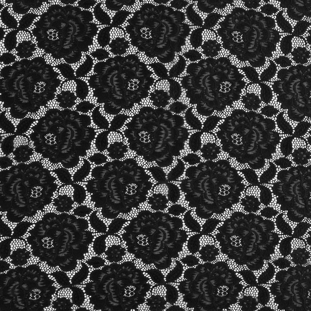 Re-Embroidered Stretch Crochet Lace - Black Roses Re-Embroidered Stretch Crochet Lace - Black Roses
