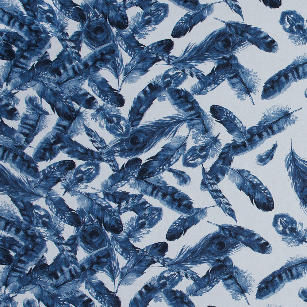 Organic Viscose Batiste - Blue and White Feather Border Print Organic Viscose Batiste - Blue and White Feather Border Print