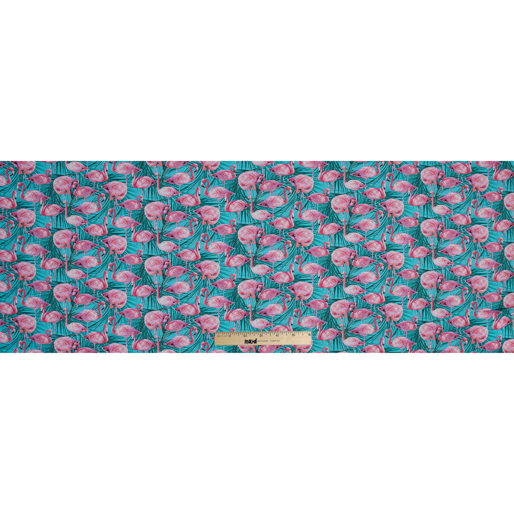 Organic Viscose Batiste - Pink and Blue Flamingos and Palm Leaves Folded Organic Viscose Batiste - Pink and Blue Flamingos and Palm Leaves Folded