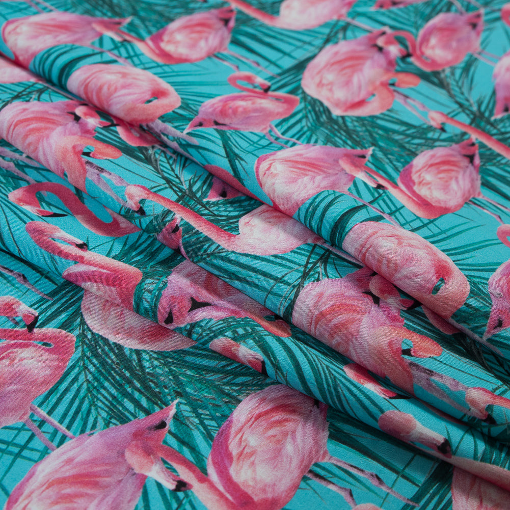 Organic Viscose Batiste - Pink and Blue Flamingos and Palm Leaves Detail Organic Viscose Batiste - Pink and Blue Flamingos and Palm Leaves Detail
