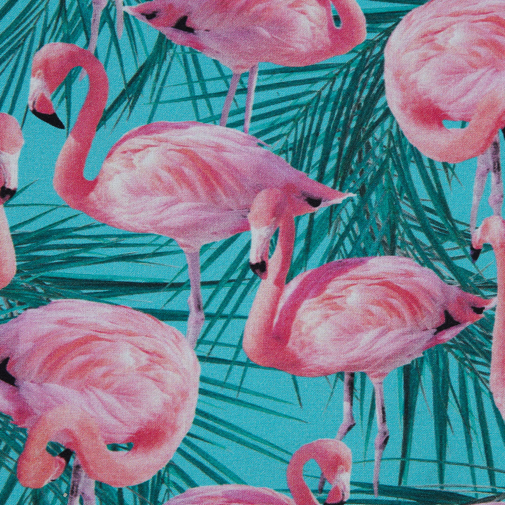 Organic Viscose Batiste - Pink and Blue Flamingos and Palm Leaves Full Organic Viscose Batiste - Pink and Blue Flamingos and Palm Leaves Full