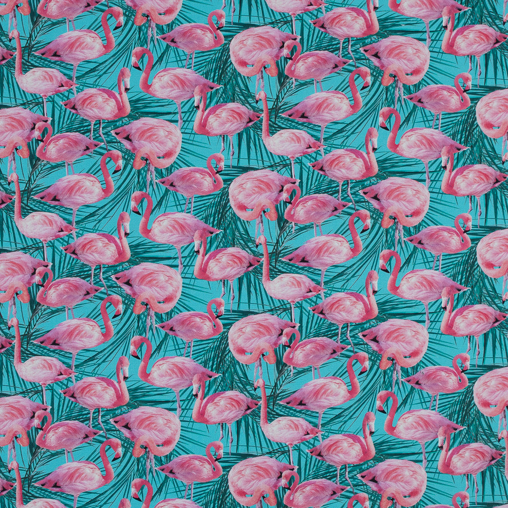 Organic Viscose Batiste - Pink and Blue Flamingos and Palm Leaves Organic Viscose Batiste - Pink and Blue Flamingos and Palm Leaves
