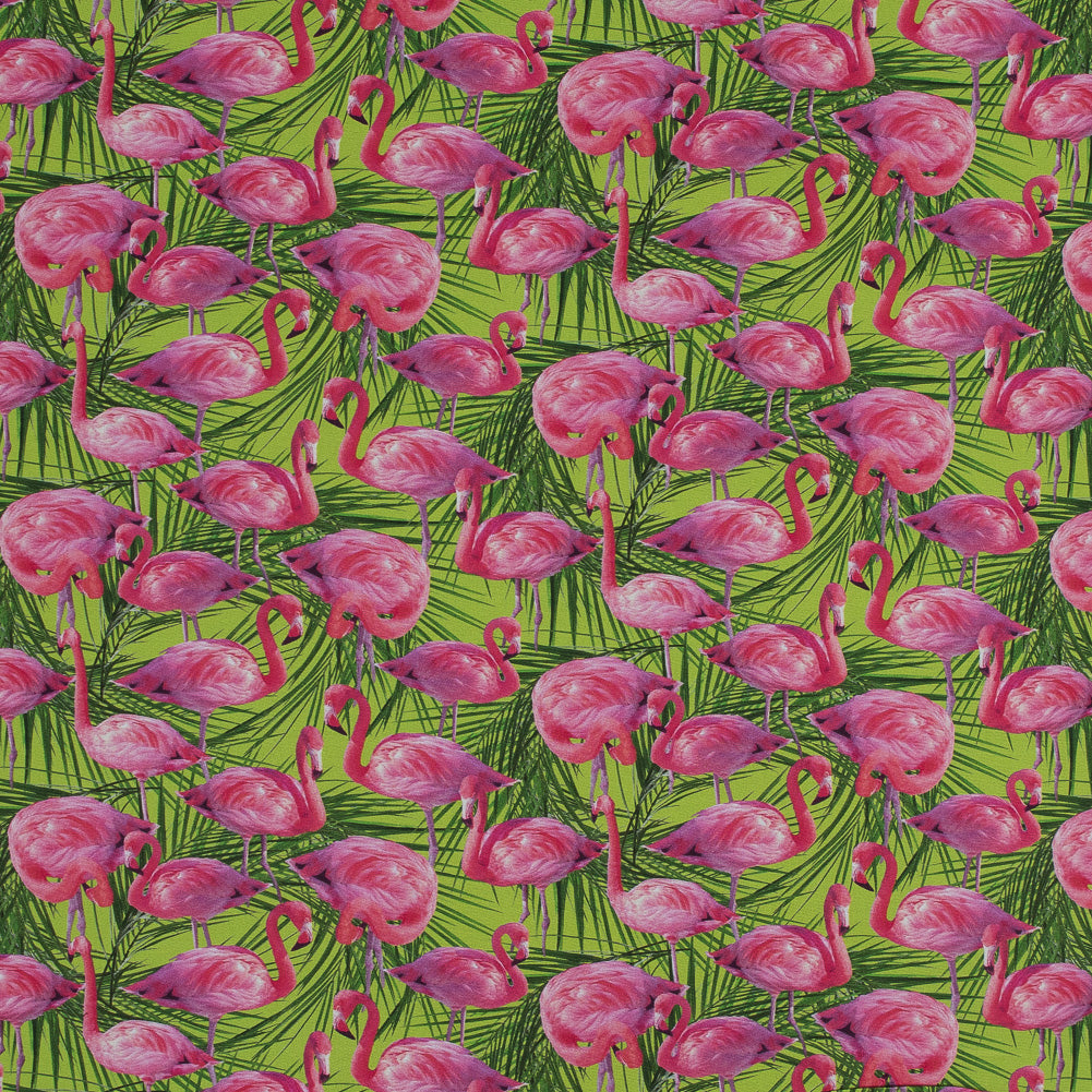 Organic Viscose Batiste - Pink and Green Flamingos and Palm Leaves Organic Viscose Batiste - Pink and Green Flamingos and Palm Leaves