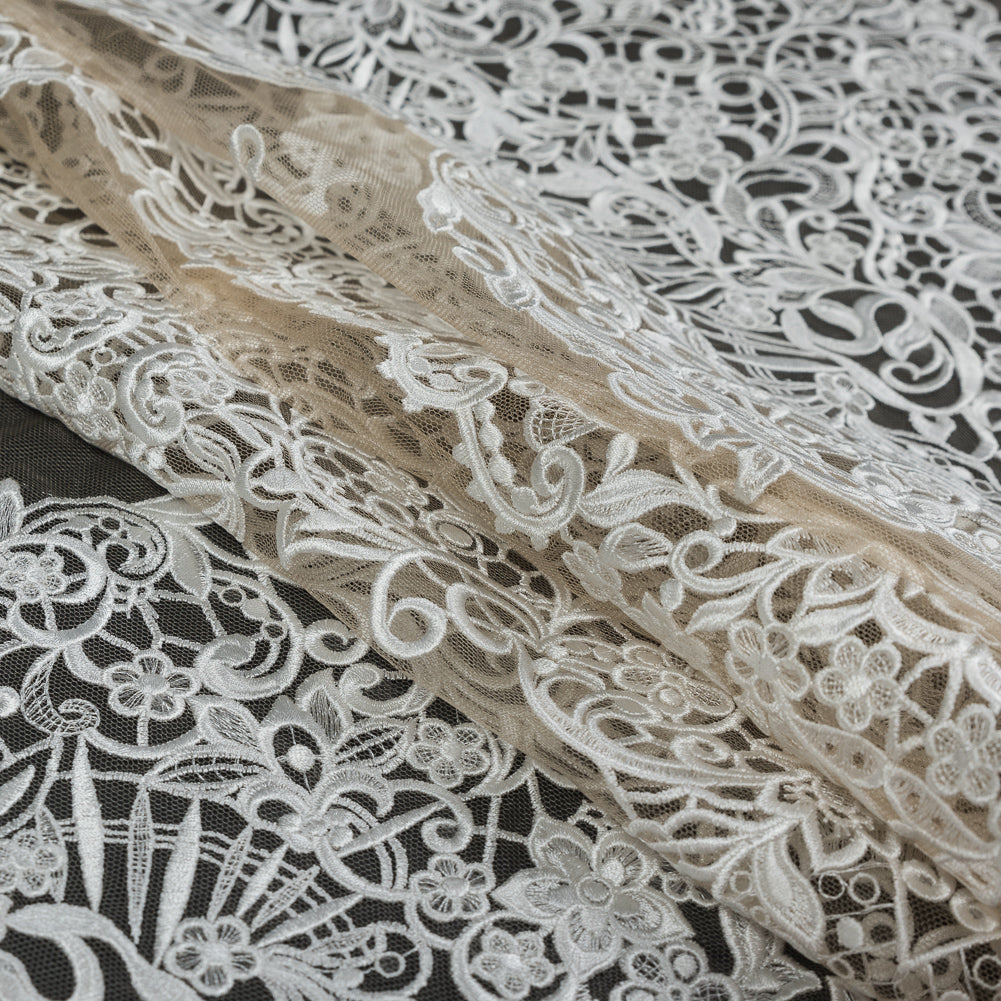 Embroidered Lace - Off-White Floral on Nude Detail Embroidered Lace - Off-White Floral on Nude Detail