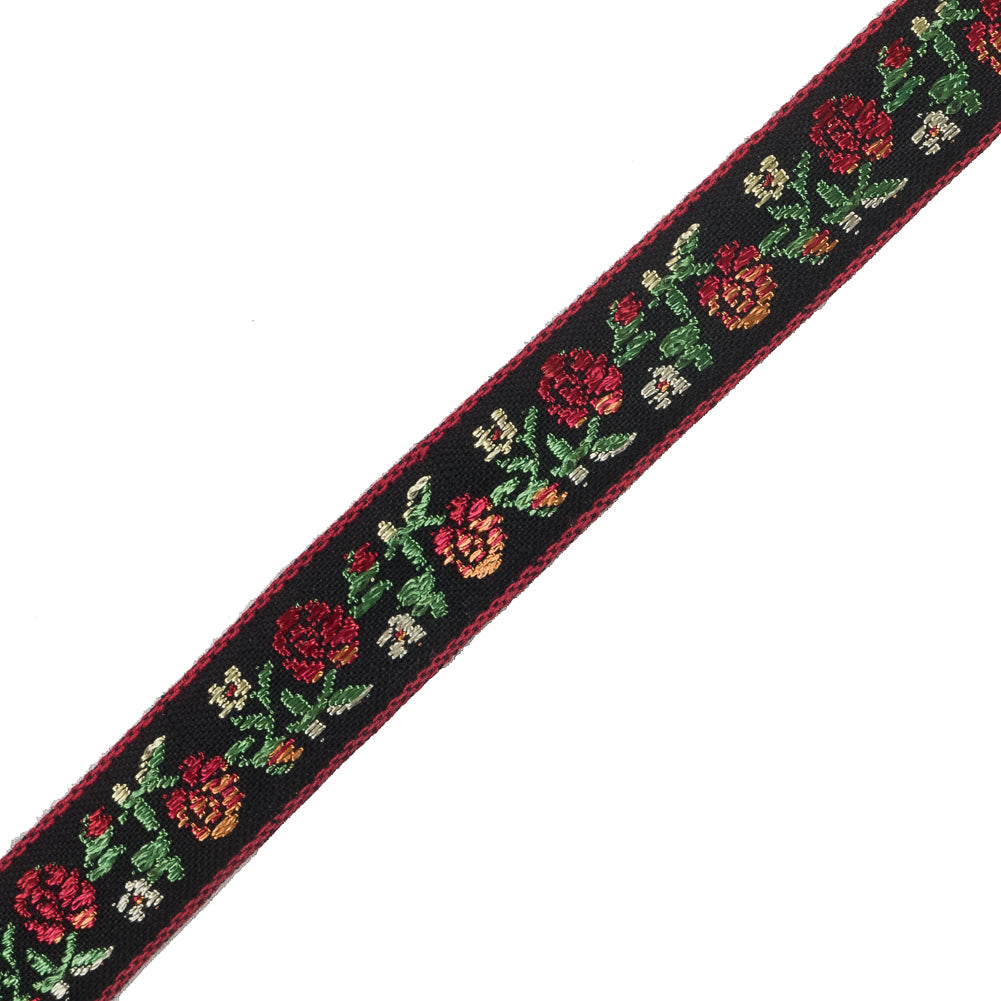 Red, Green and Black Floral German Jacquard Ribbon - 0.625" Detail Red, Green and Black Floral German Jacquard Ribbon - 0.625" Detail