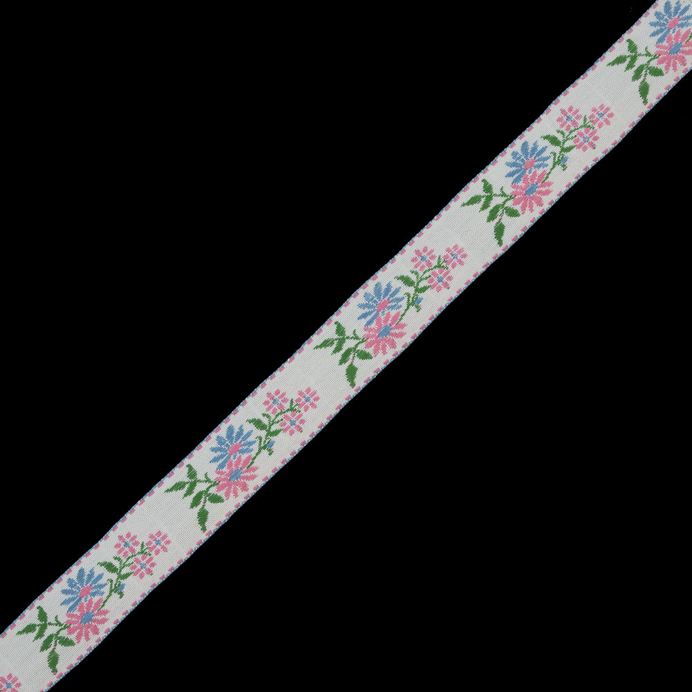 Pink and Blue Floral German Jacquard Ribbon - 0.875" Pink and Blue Floral German Jacquard Ribbon - 0.875"