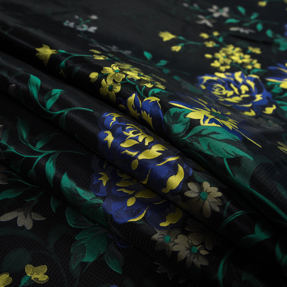 Blue, Yellow and Black Floral Embroidered Ripstop Jacquard Folded Blue, Yellow and Black Floral Embroidered Ripstop Jacquard Folded