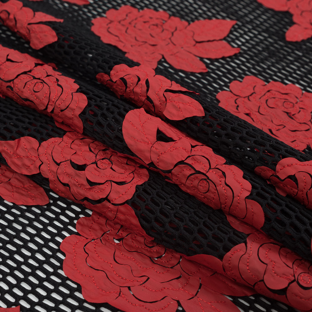 Wonder Mesh with Floral Embroidered Faux Leather - Black and Red Folded Wonder Mesh with Floral Embroidered Faux Leather - Black and Red Folded