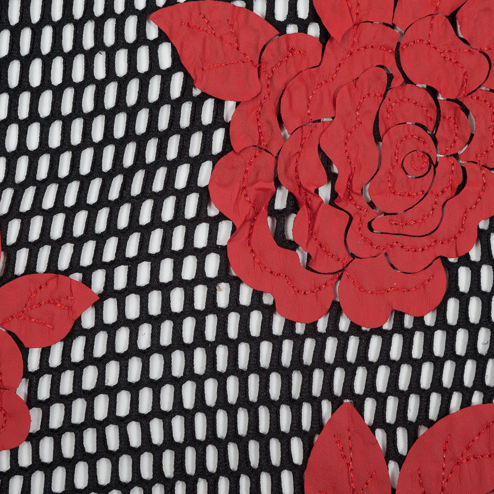 Wonder Mesh with Floral Embroidered Faux Leather - Black and Red Detail Wonder Mesh with Floral Embroidered Faux Leather - Black and Red Detail