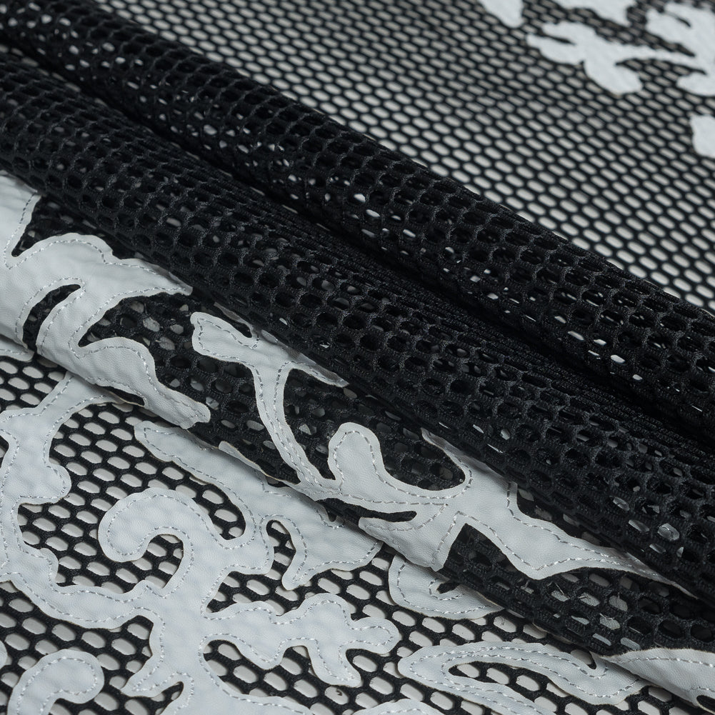 Wonder Mesh with Floral Faux Leather Embroidered Borders - Black and White Folded Wonder Mesh with Floral Faux Leather Embroidered Borders - Black and White Folded