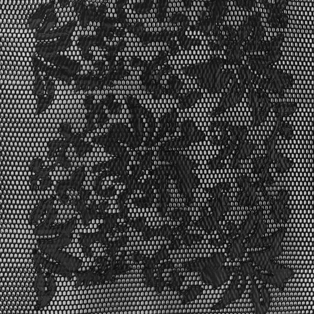 Wonder Mesh with Floral Faux Leather Embroidered Borders - Black Wonder Mesh with Floral Faux Leather Embroidered Borders - Black