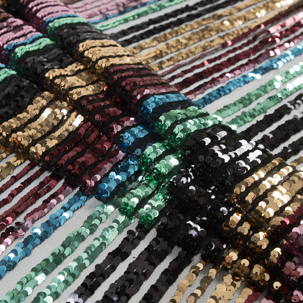 Tulle with Seqquins - Shiny Rainbow Stripes on Black Detail Tulle with Seqquins - Shiny Rainbow Stripes on Black Detail