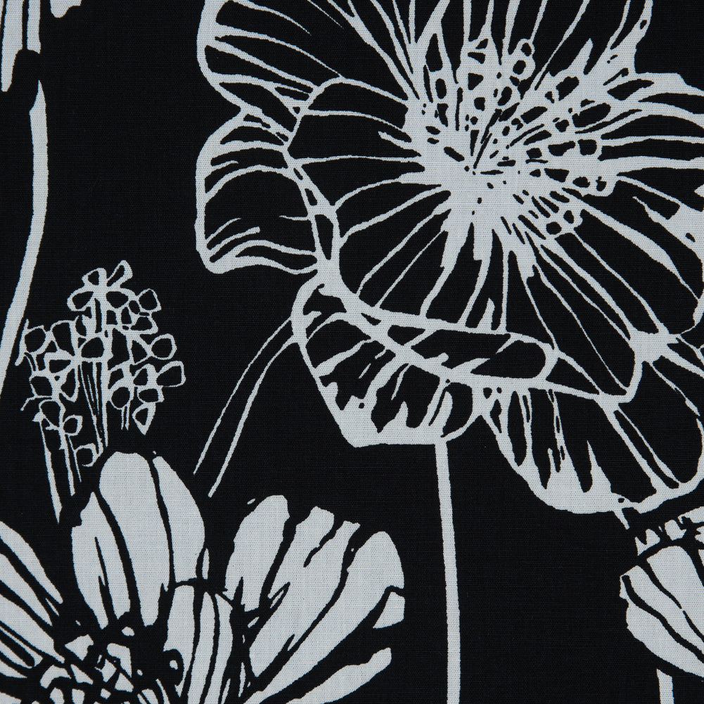 Black and White Large Floral Stretch Cotton Poplin Full Black and White Large Floral Stretch Cotton Poplin Full