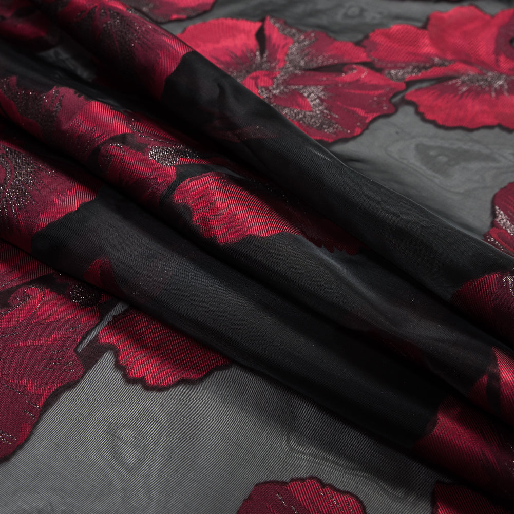 Red, Black and Metallic Silver Floral Organza Jacquard Folded Red, Black and Metallic Silver Floral Organza Jacquard Folded